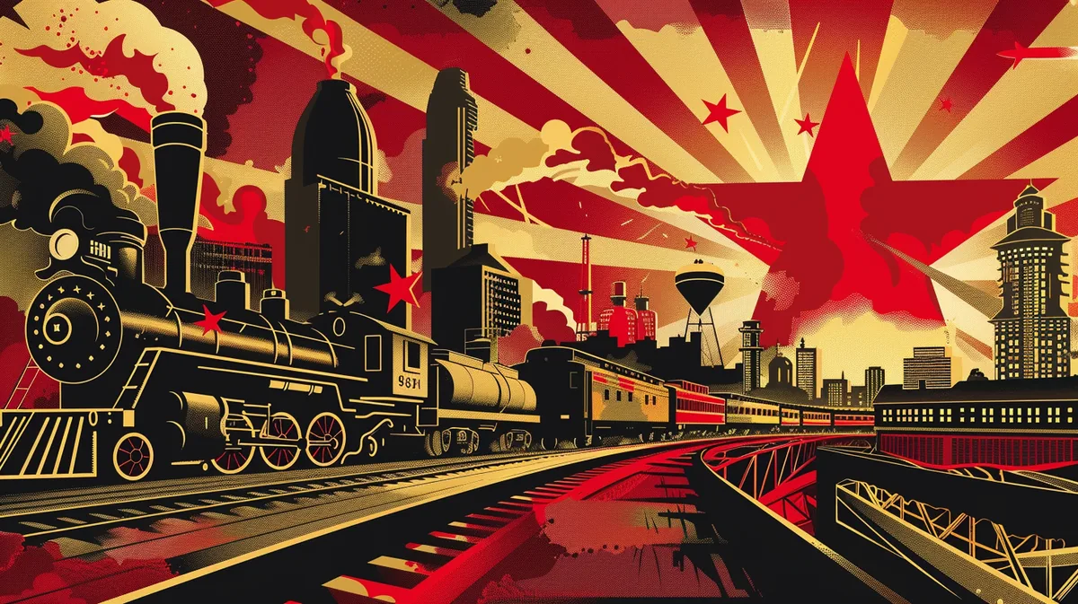 Mural of trains and tractors symbolizing united Heartland workers